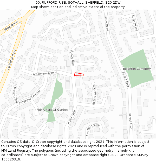 50, RUFFORD RISE, SOTHALL, SHEFFIELD, S20 2DW: Location map and indicative extent of plot