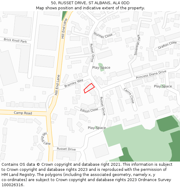 50, RUSSET DRIVE, ST ALBANS, AL4 0DD: Location map and indicative extent of plot