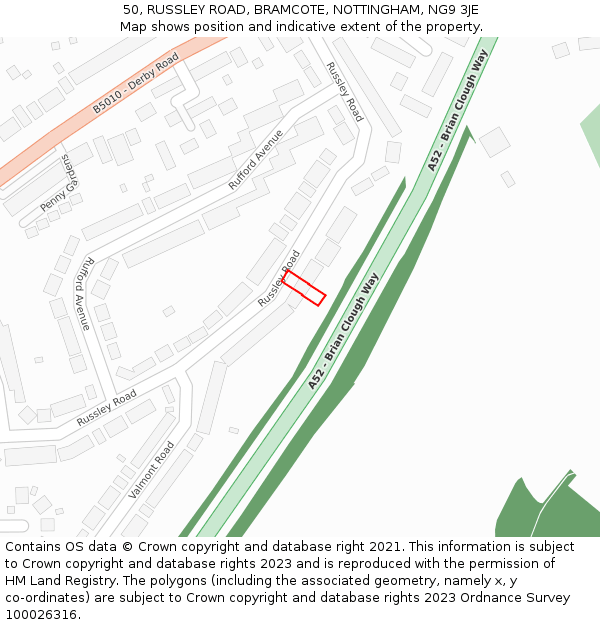 50, RUSSLEY ROAD, BRAMCOTE, NOTTINGHAM, NG9 3JE: Location map and indicative extent of plot