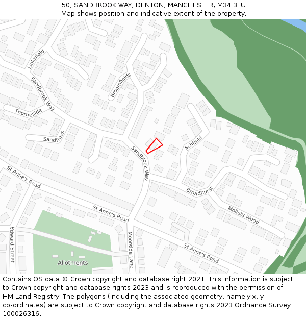 50, SANDBROOK WAY, DENTON, MANCHESTER, M34 3TU: Location map and indicative extent of plot