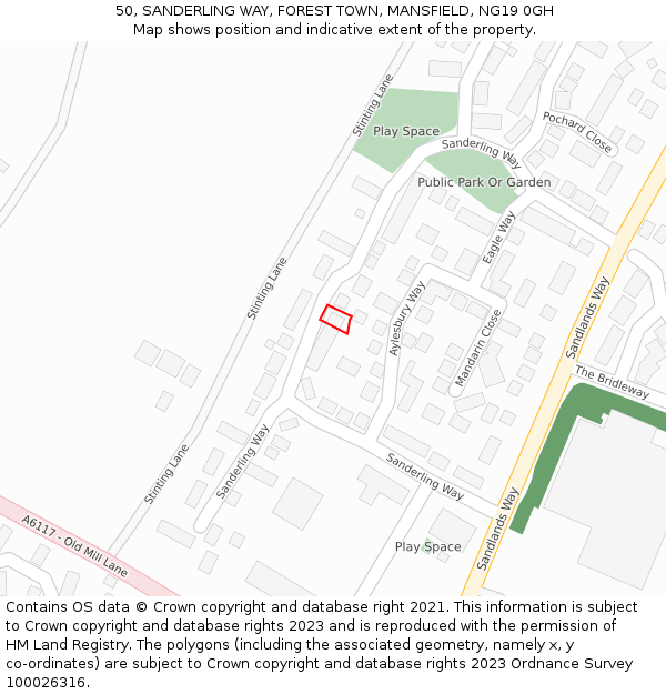 50, SANDERLING WAY, FOREST TOWN, MANSFIELD, NG19 0GH: Location map and indicative extent of plot