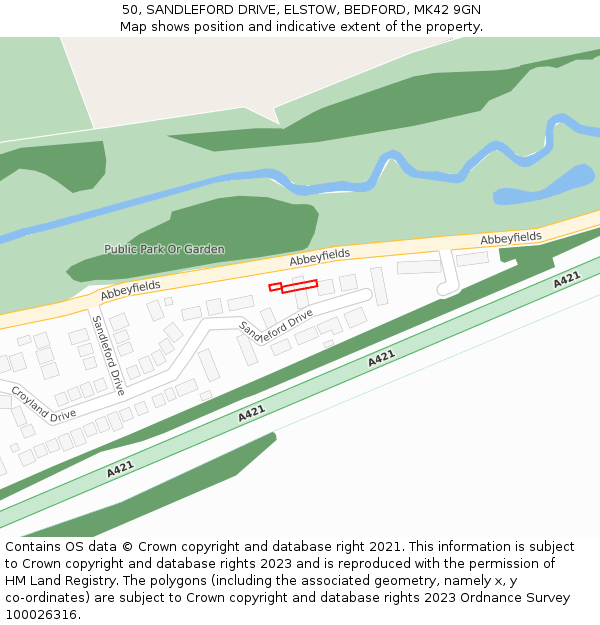 50, SANDLEFORD DRIVE, ELSTOW, BEDFORD, MK42 9GN: Location map and indicative extent of plot