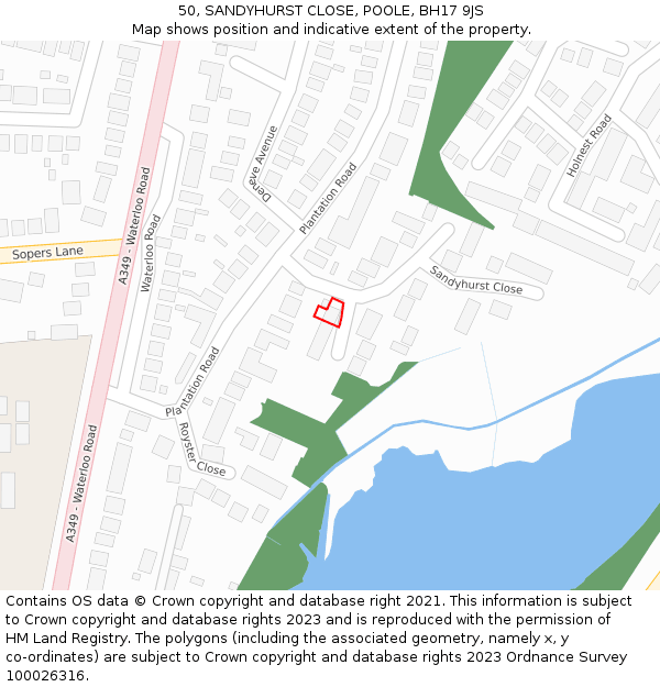 50, SANDYHURST CLOSE, POOLE, BH17 9JS: Location map and indicative extent of plot