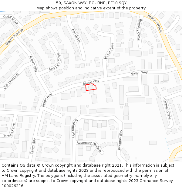 50, SAXON WAY, BOURNE, PE10 9QY: Location map and indicative extent of plot