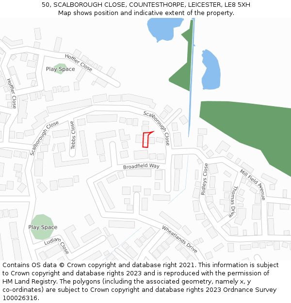50, SCALBOROUGH CLOSE, COUNTESTHORPE, LEICESTER, LE8 5XH: Location map and indicative extent of plot