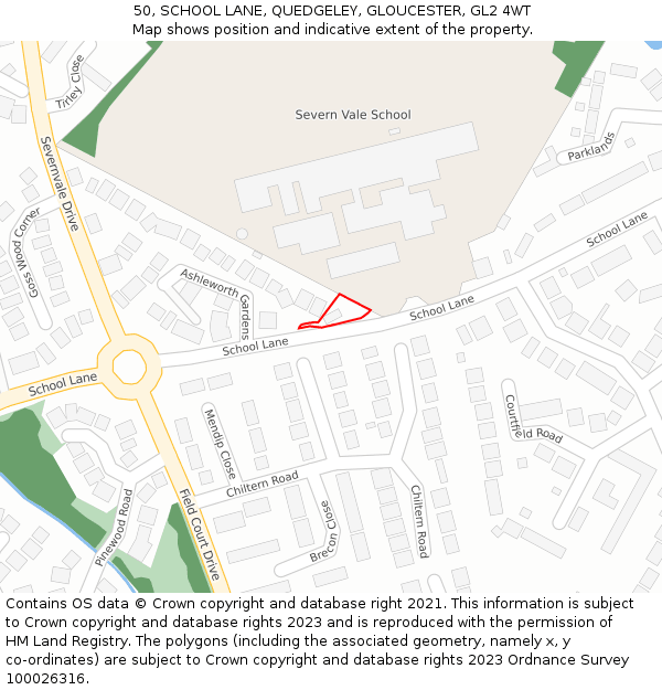 50, SCHOOL LANE, QUEDGELEY, GLOUCESTER, GL2 4WT: Location map and indicative extent of plot