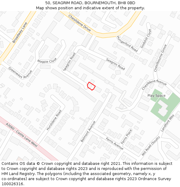 50, SEAGRIM ROAD, BOURNEMOUTH, BH8 0BD: Location map and indicative extent of plot