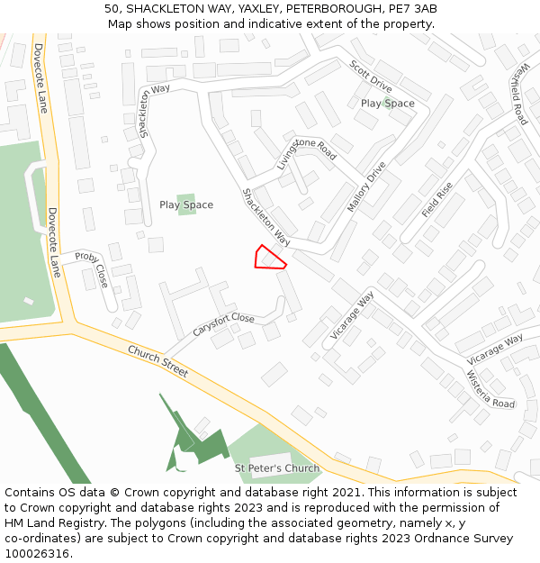 50, SHACKLETON WAY, YAXLEY, PETERBOROUGH, PE7 3AB: Location map and indicative extent of plot