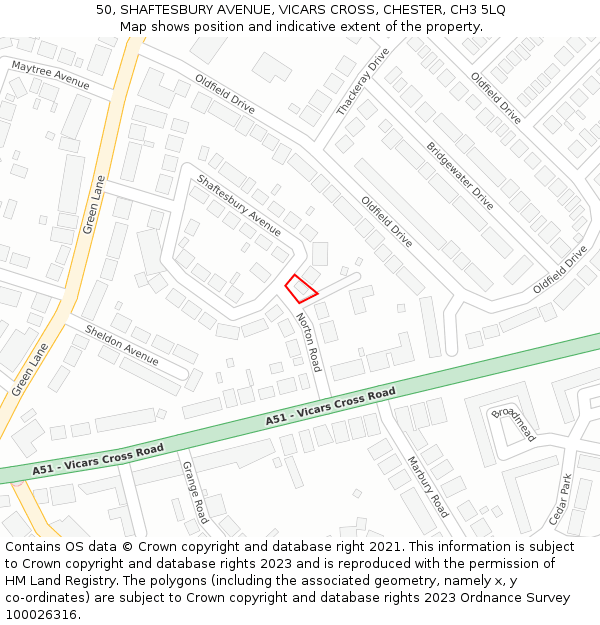 50, SHAFTESBURY AVENUE, VICARS CROSS, CHESTER, CH3 5LQ: Location map and indicative extent of plot