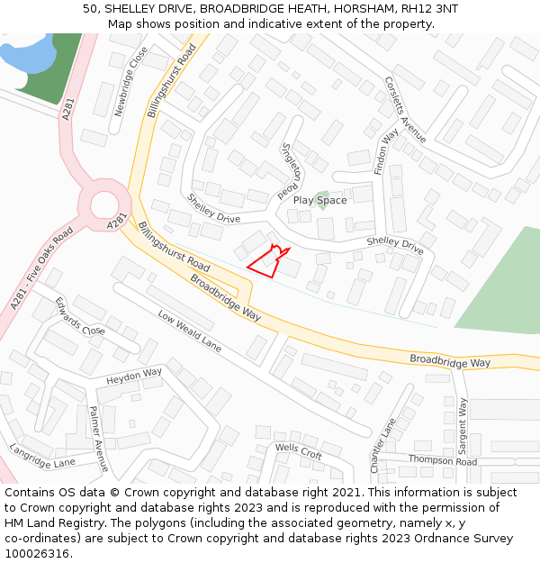 50, SHELLEY DRIVE, BROADBRIDGE HEATH, HORSHAM, RH12 3NT: Location map and indicative extent of plot