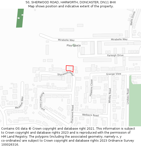 50, SHERWOOD ROAD, HARWORTH, DONCASTER, DN11 8HX: Location map and indicative extent of plot