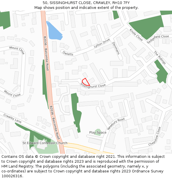 50, SISSINGHURST CLOSE, CRAWLEY, RH10 7FY: Location map and indicative extent of plot