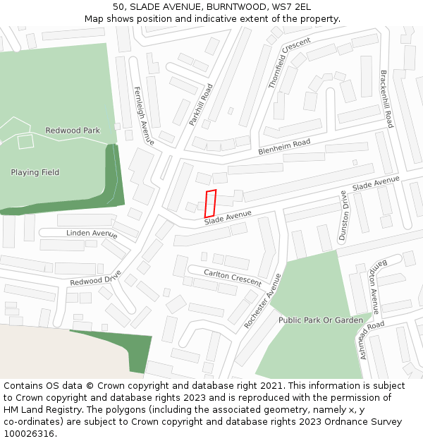 50, SLADE AVENUE, BURNTWOOD, WS7 2EL: Location map and indicative extent of plot