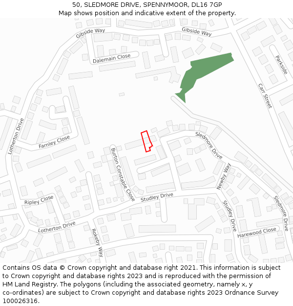 50, SLEDMORE DRIVE, SPENNYMOOR, DL16 7GP: Location map and indicative extent of plot