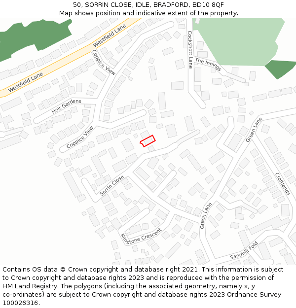 50, SORRIN CLOSE, IDLE, BRADFORD, BD10 8QF: Location map and indicative extent of plot