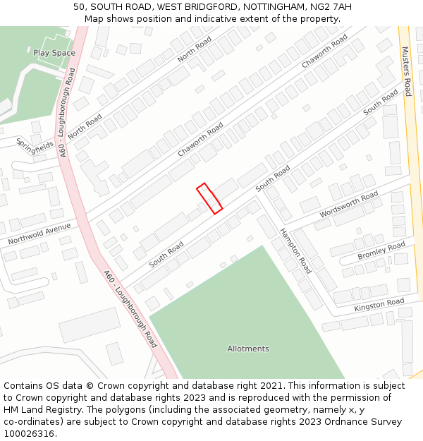 50, SOUTH ROAD, WEST BRIDGFORD, NOTTINGHAM, NG2 7AH: Location map and indicative extent of plot