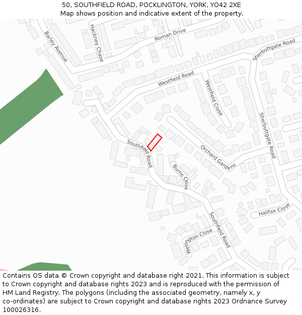 50, SOUTHFIELD ROAD, POCKLINGTON, YORK, YO42 2XE: Location map and indicative extent of plot