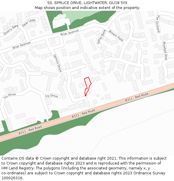 50, SPRUCE DRIVE, LIGHTWATER, GU18 5YX: Location map and indicative extent of plot