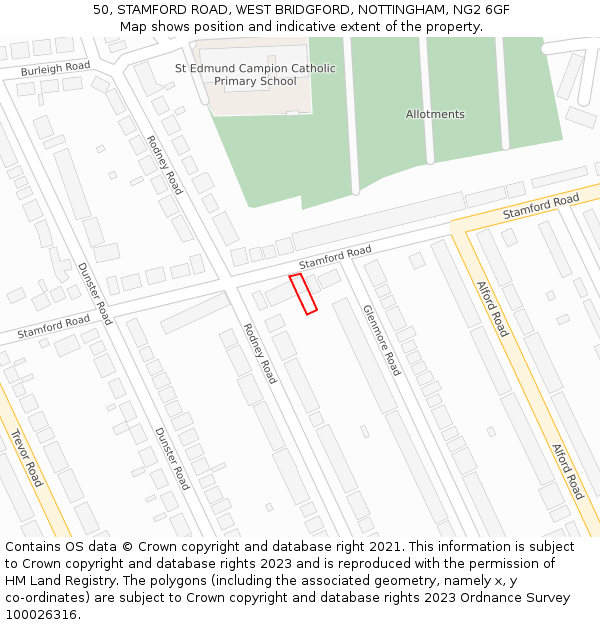 50, STAMFORD ROAD, WEST BRIDGFORD, NOTTINGHAM, NG2 6GF: Location map and indicative extent of plot