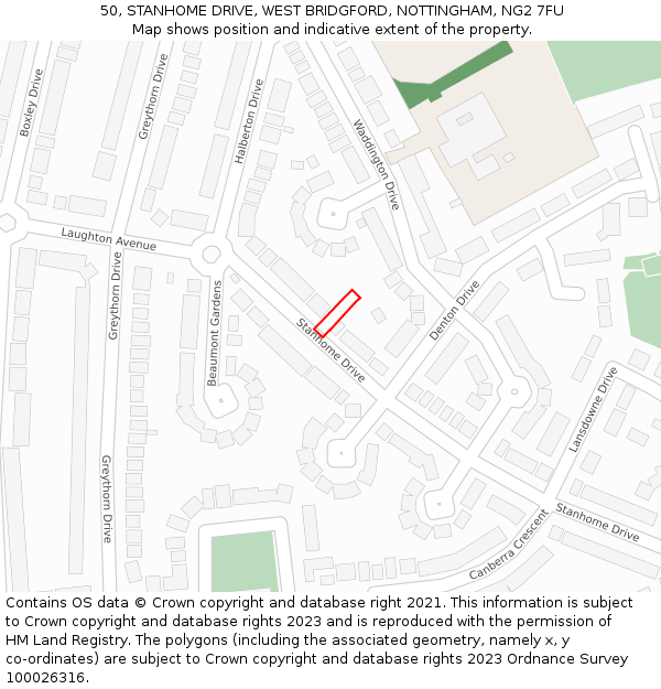 50, STANHOME DRIVE, WEST BRIDGFORD, NOTTINGHAM, NG2 7FU: Location map and indicative extent of plot