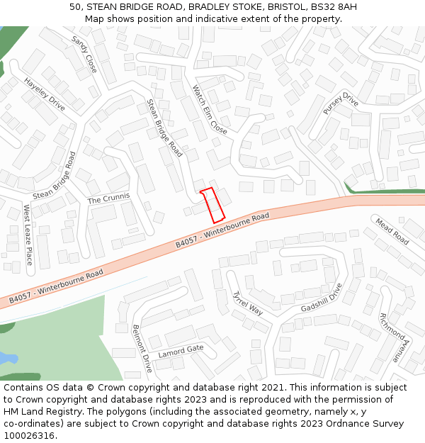 50, STEAN BRIDGE ROAD, BRADLEY STOKE, BRISTOL, BS32 8AH: Location map and indicative extent of plot