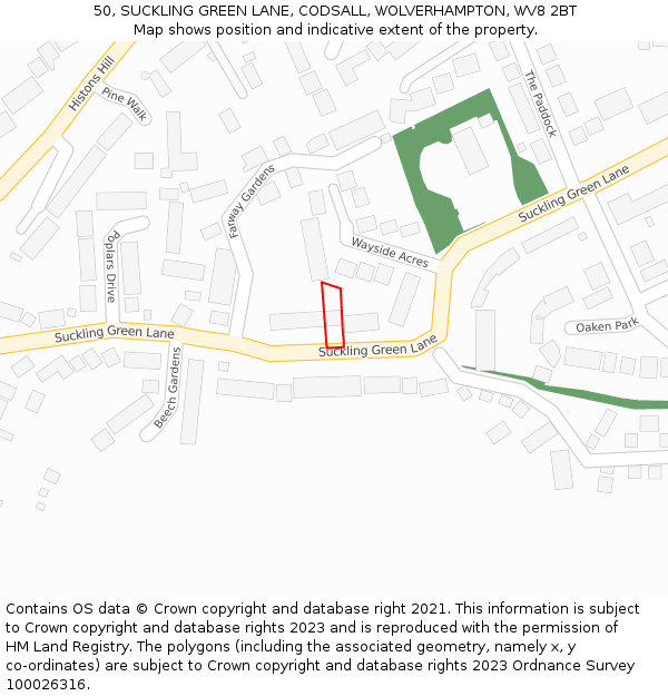 50, SUCKLING GREEN LANE, CODSALL, WOLVERHAMPTON, WV8 2BT: Location map and indicative extent of plot