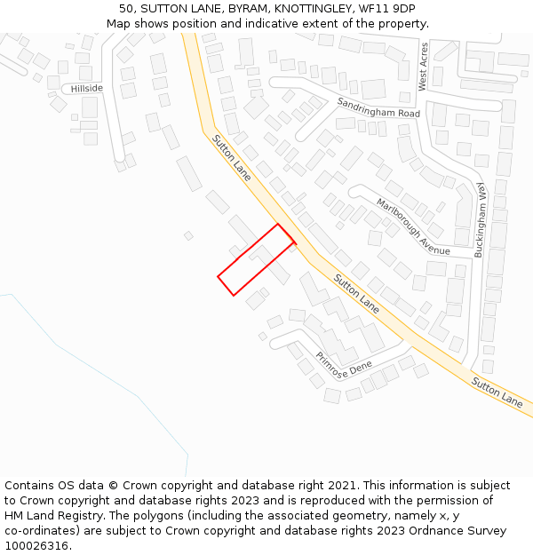 50, SUTTON LANE, BYRAM, KNOTTINGLEY, WF11 9DP: Location map and indicative extent of plot