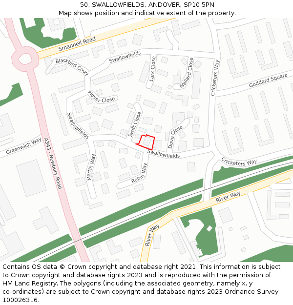 50, SWALLOWFIELDS, ANDOVER, SP10 5PN: Location map and indicative extent of plot