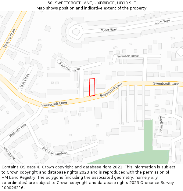 50, SWEETCROFT LANE, UXBRIDGE, UB10 9LE: Location map and indicative extent of plot