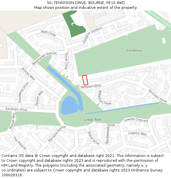 50, TENNYSON DRIVE, BOURNE, PE10 9WD: Location map and indicative extent of plot