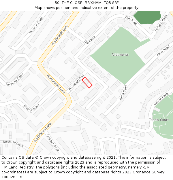 50, THE CLOSE, BRIXHAM, TQ5 8RF: Location map and indicative extent of plot