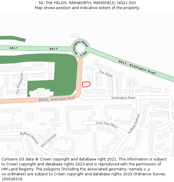 50, THE FIELDS, RAINWORTH, MANSFIELD, NG21 0GY: Location map and indicative extent of plot