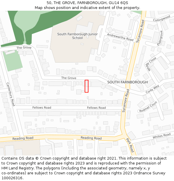 50, THE GROVE, FARNBOROUGH, GU14 6QS: Location map and indicative extent of plot