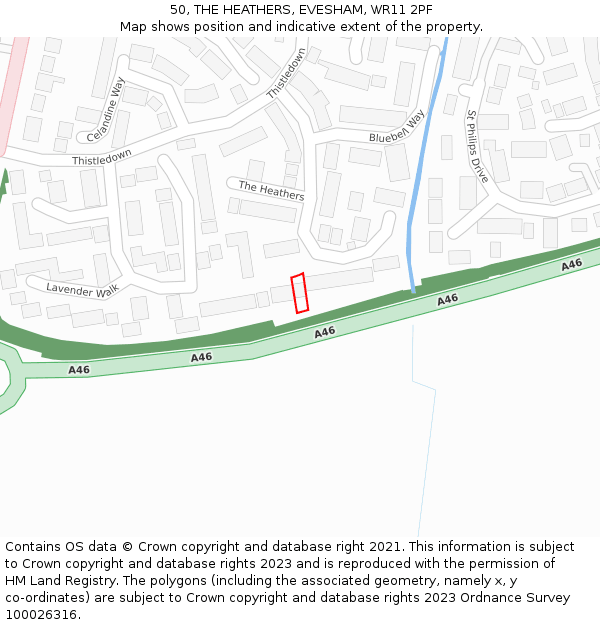 50, THE HEATHERS, EVESHAM, WR11 2PF: Location map and indicative extent of plot
