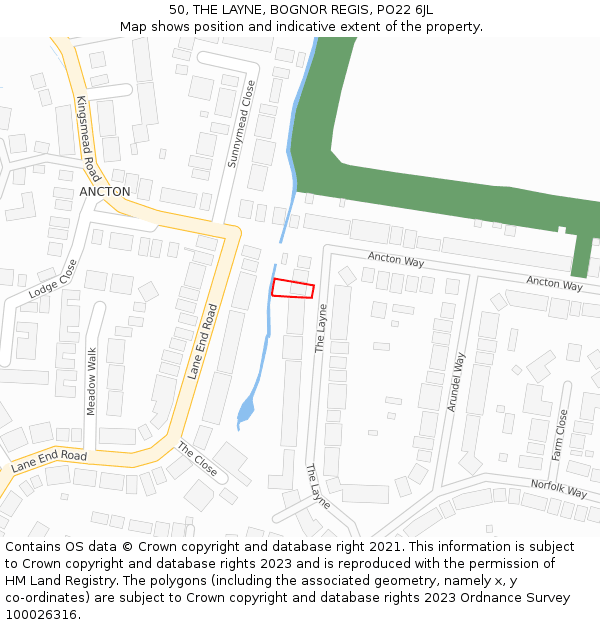 50, THE LAYNE, BOGNOR REGIS, PO22 6JL: Location map and indicative extent of plot