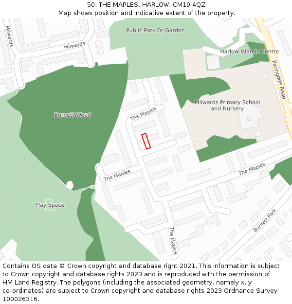 50, THE MAPLES, HARLOW, CM19 4QZ: Location map and indicative extent of plot