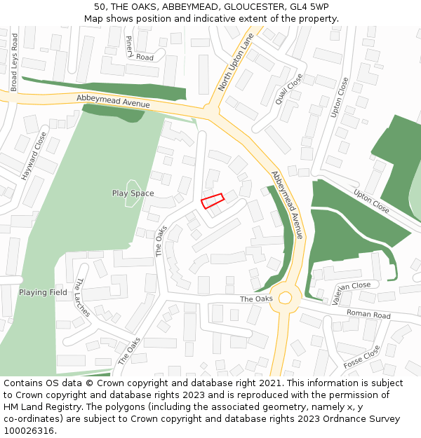 50, THE OAKS, ABBEYMEAD, GLOUCESTER, GL4 5WP: Location map and indicative extent of plot