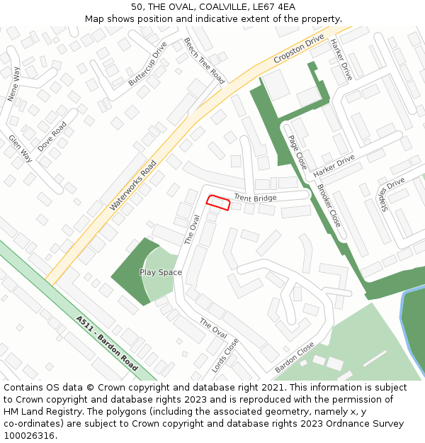 50, THE OVAL, COALVILLE, LE67 4EA: Location map and indicative extent of plot