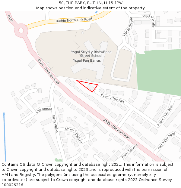 50, THE PARK, RUTHIN, LL15 1PW: Location map and indicative extent of plot