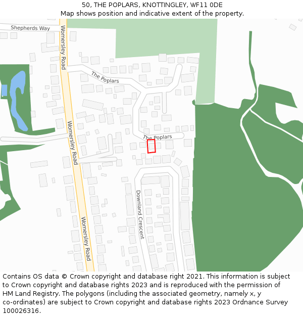 50, THE POPLARS, KNOTTINGLEY, WF11 0DE: Location map and indicative extent of plot