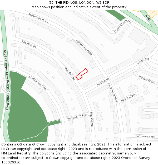 50, THE RIDINGS, LONDON, W5 3DR: Location map and indicative extent of plot