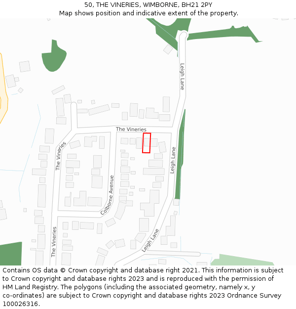 50, THE VINERIES, WIMBORNE, BH21 2PY: Location map and indicative extent of plot