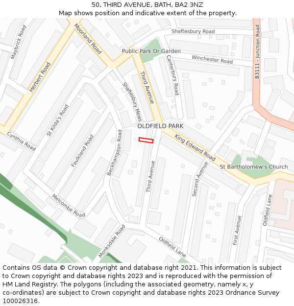 50, THIRD AVENUE, BATH, BA2 3NZ: Location map and indicative extent of plot