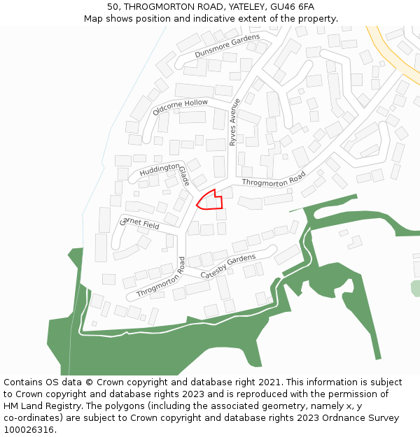 50, THROGMORTON ROAD, YATELEY, GU46 6FA: Location map and indicative extent of plot
