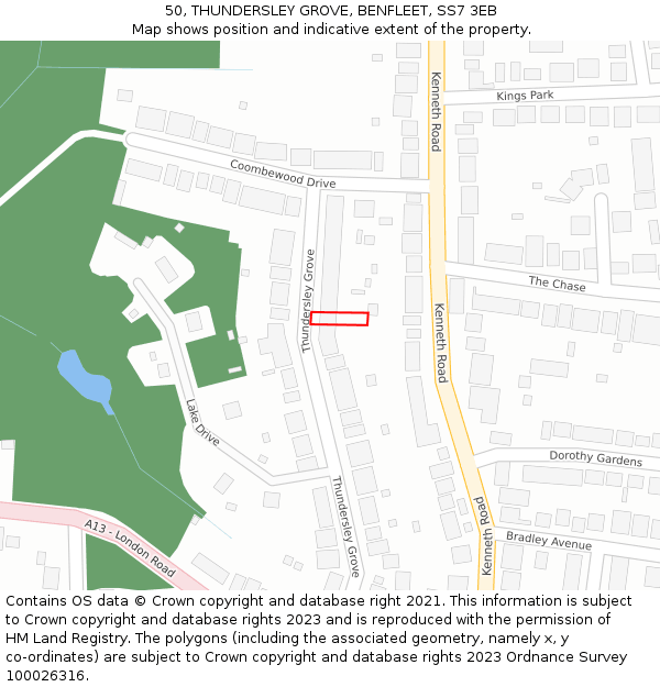 50, THUNDERSLEY GROVE, BENFLEET, SS7 3EB: Location map and indicative extent of plot