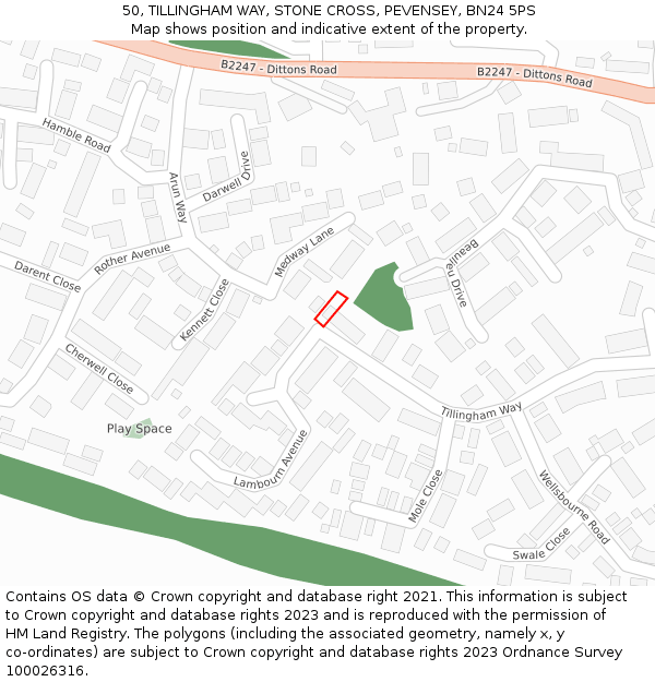50, TILLINGHAM WAY, STONE CROSS, PEVENSEY, BN24 5PS: Location map and indicative extent of plot