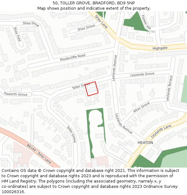 50, TOLLER GROVE, BRADFORD, BD9 5NP: Location map and indicative extent of plot