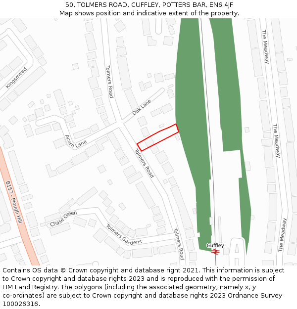 50, TOLMERS ROAD, CUFFLEY, POTTERS BAR, EN6 4JF: Location map and indicative extent of plot