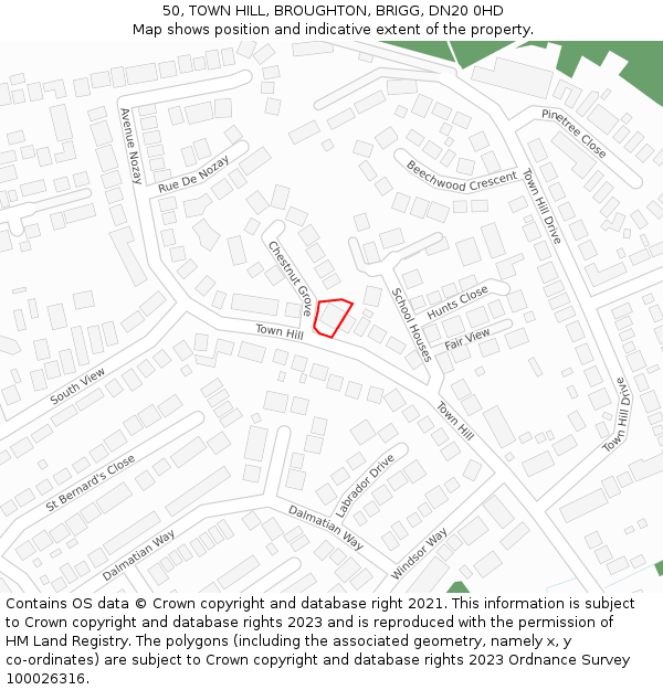 50, TOWN HILL, BROUGHTON, BRIGG, DN20 0HD: Location map and indicative extent of plot