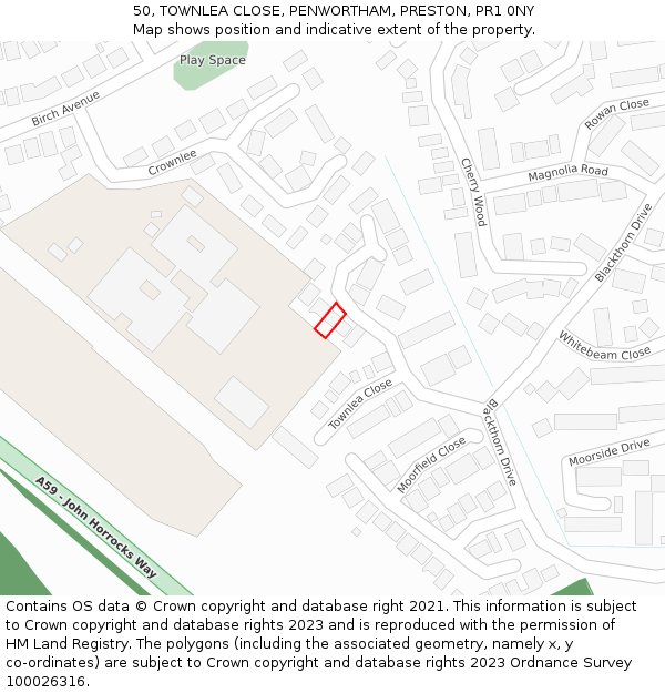 50, TOWNLEA CLOSE, PENWORTHAM, PRESTON, PR1 0NY: Location map and indicative extent of plot